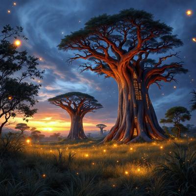 The primary subject of the image is a group of three tall trees with large trunks, standing in a grassy field. The setting is a lush, green environment, with a sunset in the background. The visual style is a digital art or illustration, creating a serene and natural atmosphere. The dominant colors are green, brown, and orange, reflecting the natural elements of the scene.